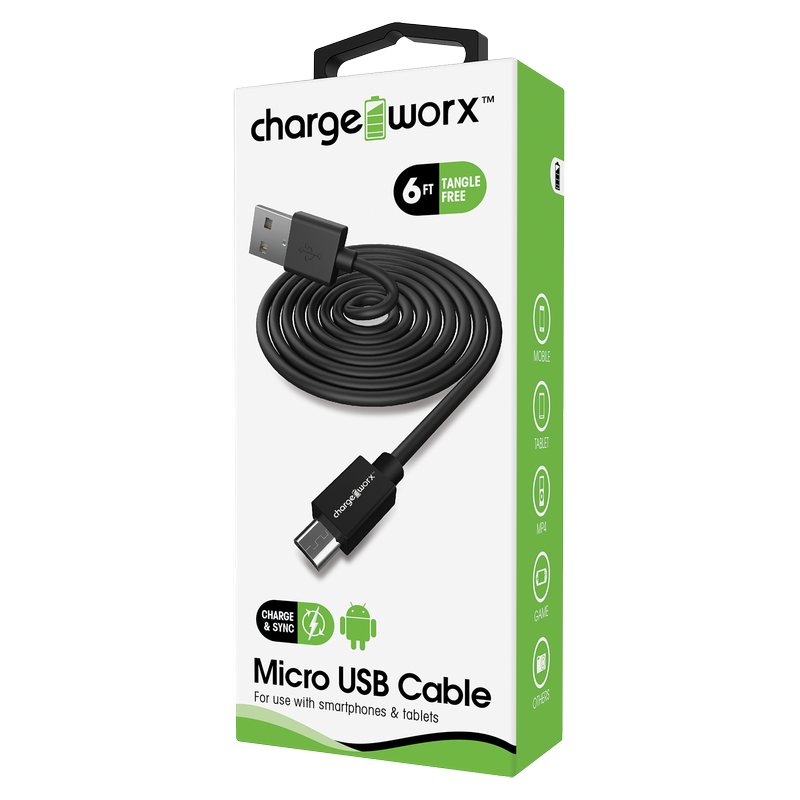 Chargeworx Micro USB Charging Cable 6ft Black
