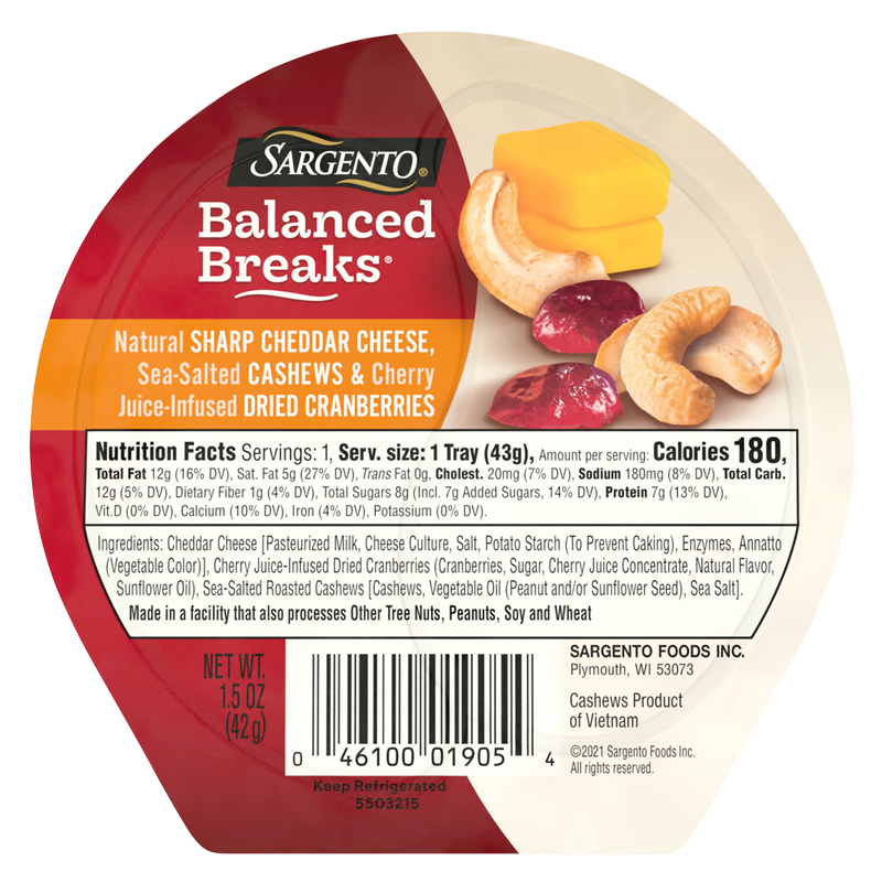 Sargento Balanced Breaks Sharp Cheddar with Cashews & Cranberry