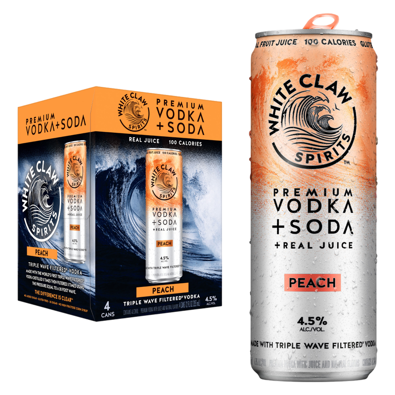 White Claw Hard Seltzer Vodka + Soda Peach 4pk 12oz Can 4.5% ABV White Claw Hard Seltzer Vodka + Soda Peach 4pk 12oz Can 4.5% ABV