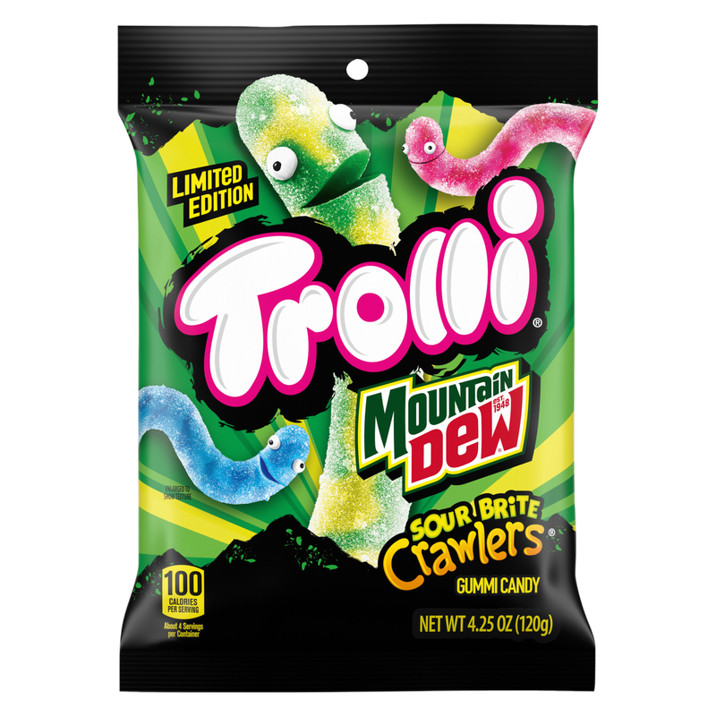 Trolli x Mountain Dew Sour Brite Crawlers Gummy Worm Candy, 4.25