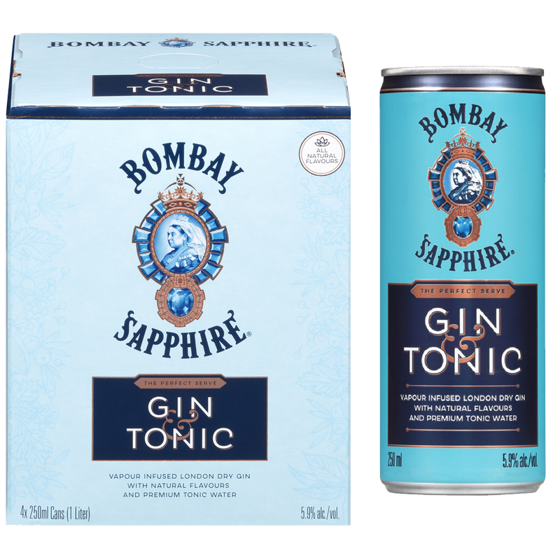 Bombay Sapphire Gin & Tonic 4pk 250ml Cans 5.9% ABV - Bombay – BevMo!