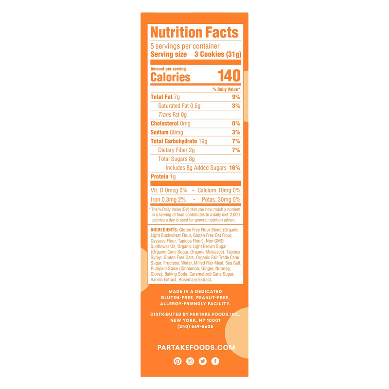 Partake Pumpkin Spice Soft Baked Cookies 5.5oz