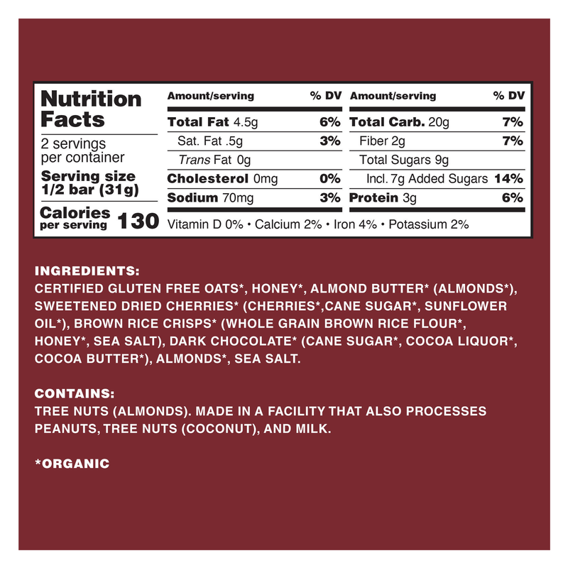 Kate's Real Food Dark Chocolate Cherry & Almond Bar 2.2oz