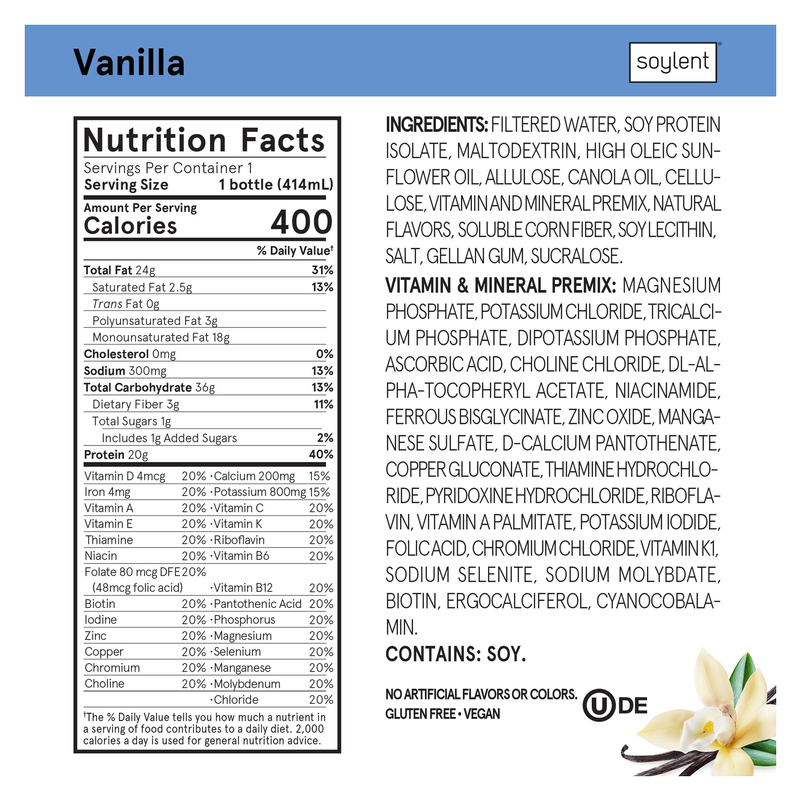 Soylent Complete Nutrition Protein Meal Replacement Shake Vanilla 14oz
