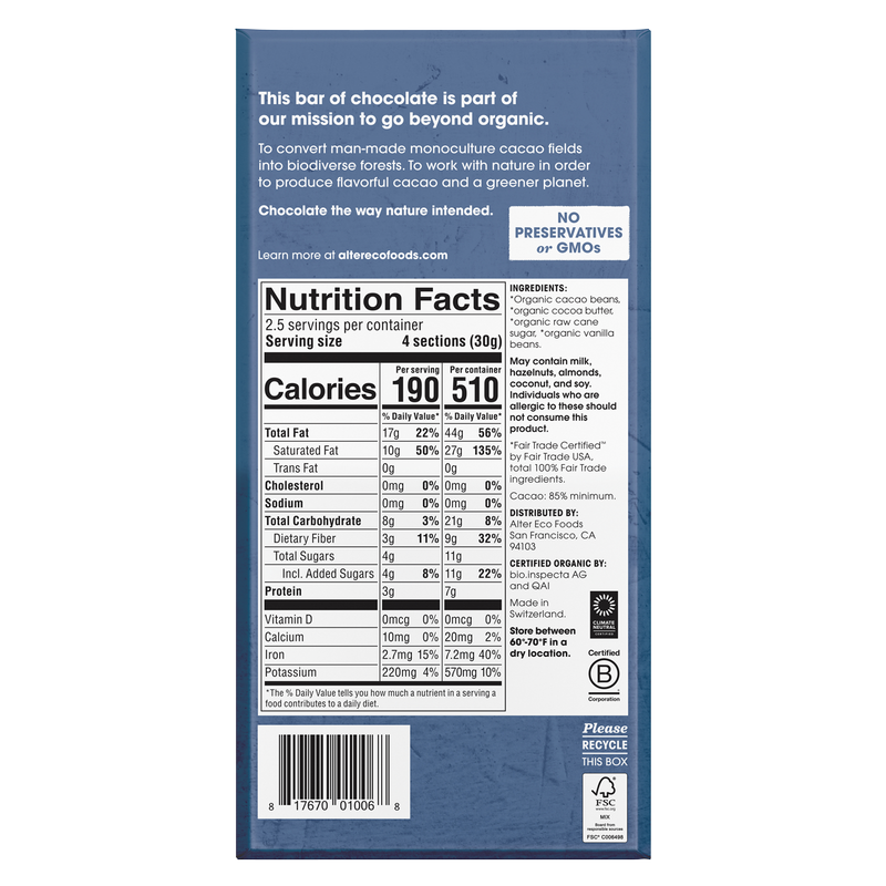 Alter Eco Classic Blackout 85% Cacao Dark Chocolate Bar 2.8oz