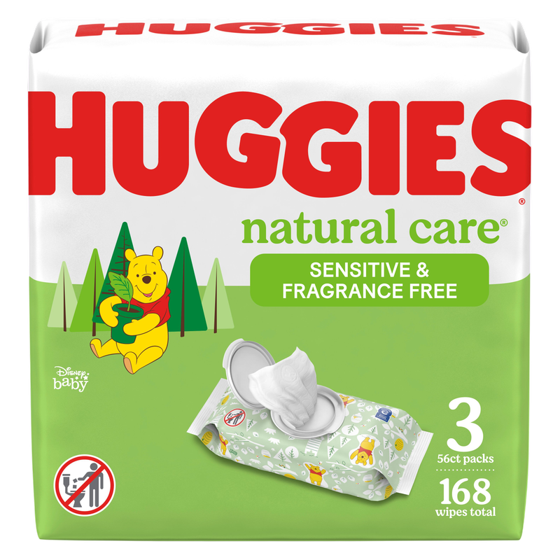 Huggies Natural Care Sensitive Baby Wipes, Unscented, 3 Flip-Top Packs (168 Wipes Total)
