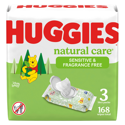 Huggies Natural Care Sensitive Baby Wipes, Unscented, 3 Flip-Top Packs (168 Wipes Total)