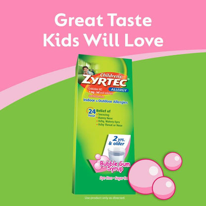 Children’s Zyrtec Allergy Syrup, Dye-Free, Sugar-Free Bubble Gum, 4 Fl. Oz