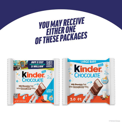 Kinder Chocolate, 4 Large Bars, Milk Chocolate Bar with Creamy Milky Filling, Individually Wrapped Candy, 3 oz Total