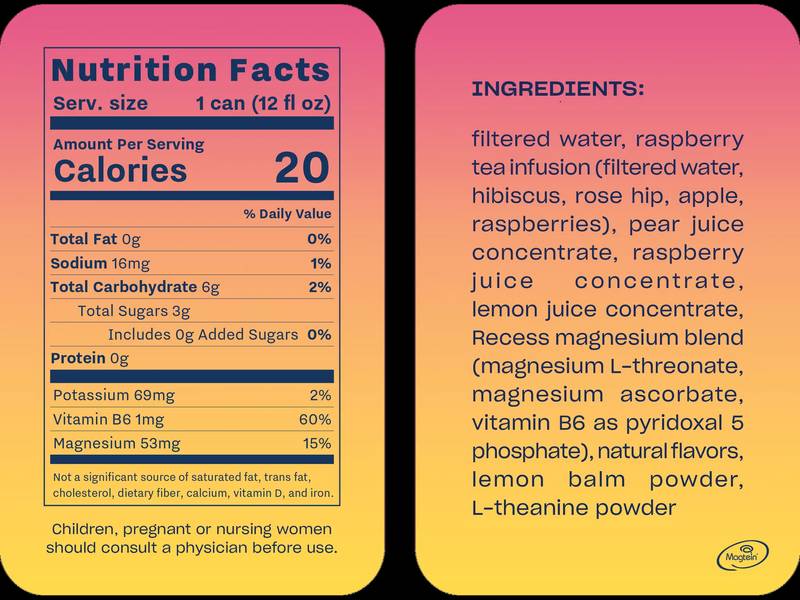 Recess Mood Magnesium Infused Raspberry Lemon Sparkling Water 12oz Can