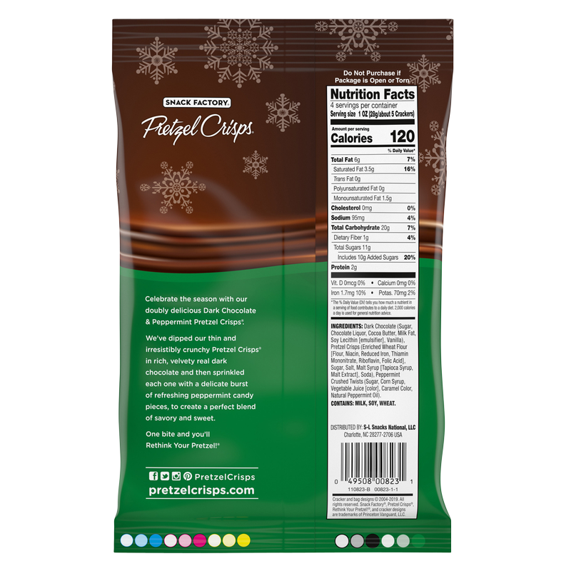Snack Factory Pretzel Crisps Holiday Peppermint Dark Chocolate Covered Pretzels 4oz