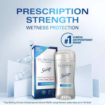 Secret Clinical Strength Clear Gel Antiperspirant and Deodorant for Women, Completely Clean, 2.6 oz