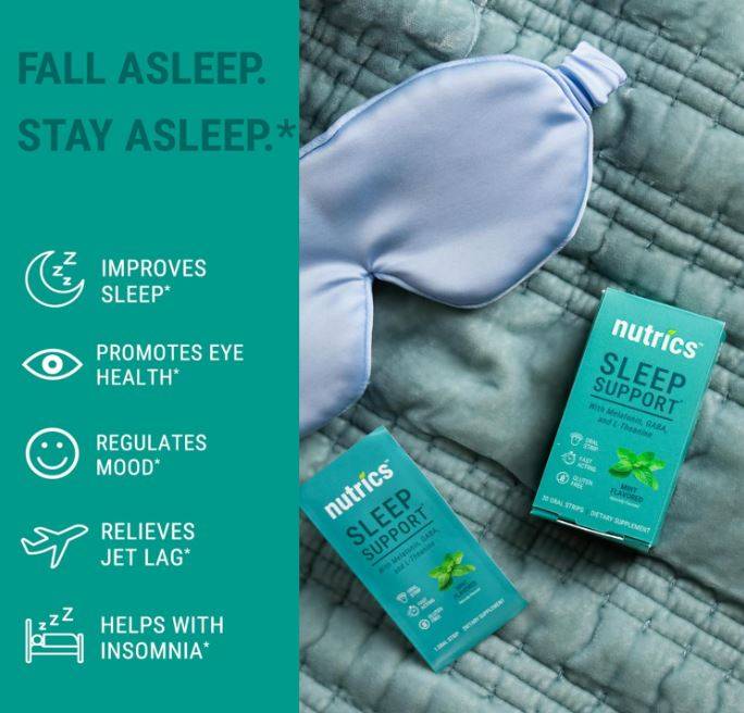 Nutrics Fast-Acting Sleep Support Oral Strips 30ct, Melatonin + GABA + L-Theanine, No Water, Zero Sugar