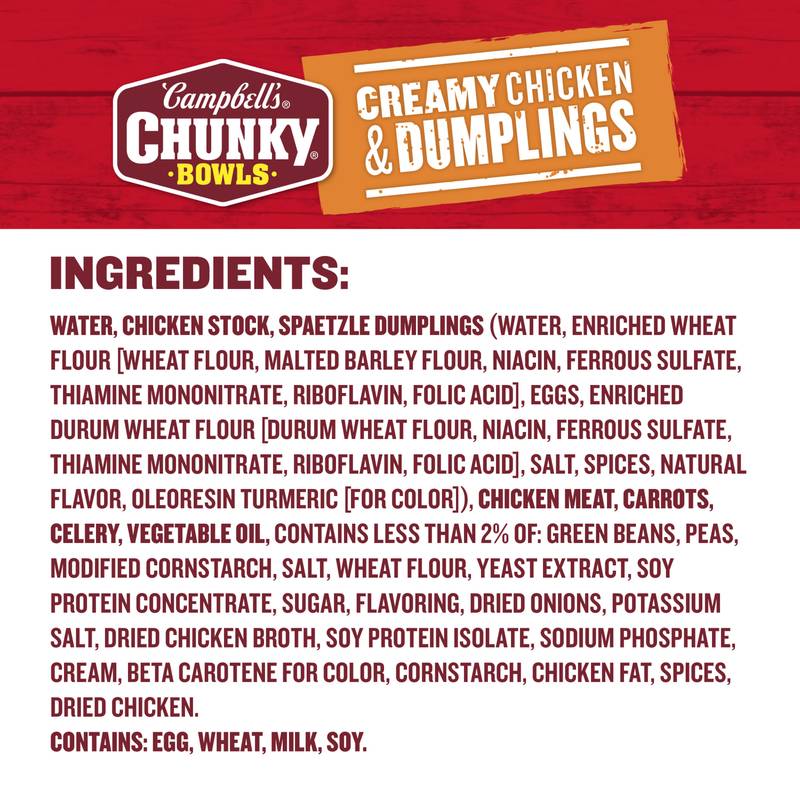Campbell’s® Chunky® Soup, Creamy Chicken and Dumplings Soup, 15.25 oz Microwavable Bowl