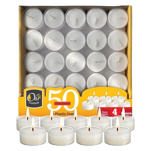 Tealight Candles in Clear Plastic Cups, 4 Hours, 50 Pack
