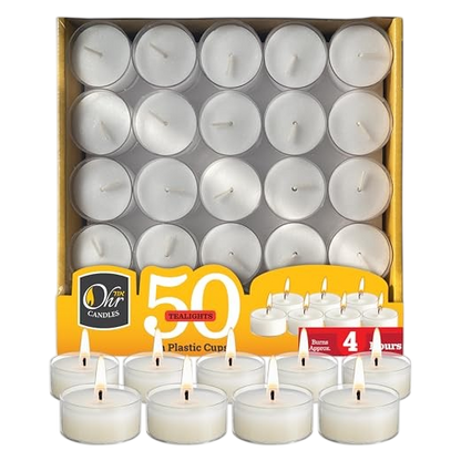 Tealight Candles in Clear Plastic Cups, 4 Hours, 50 Pack