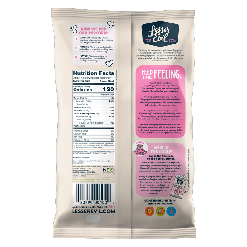 LesserEvil Organic Popcorn, Himalayan Pink Salt, 4.6oz