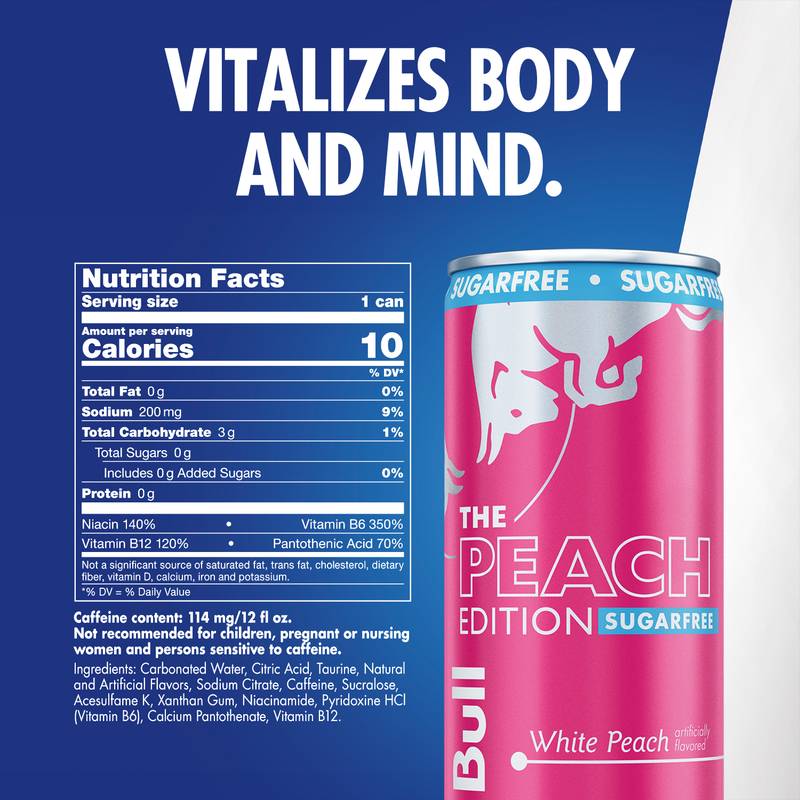 Red Bull Sugar Free White Peach Edition White Peach Energy Drink 12oz Can