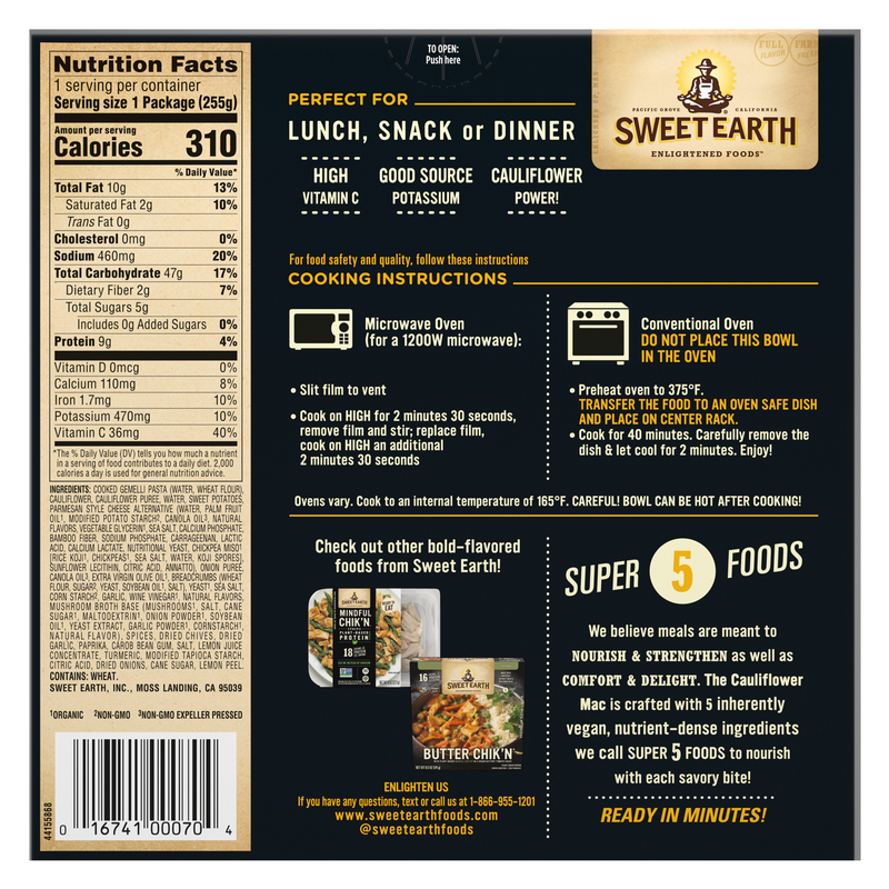 Sweet Earth Frozen Vegan Cauliflower Mac & Cheese Meal 9oz