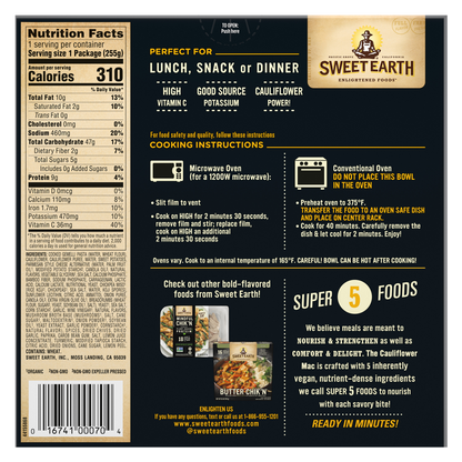 Sweet Earth Frozen Vegan Cauliflower Mac & Cheese Meal 9oz