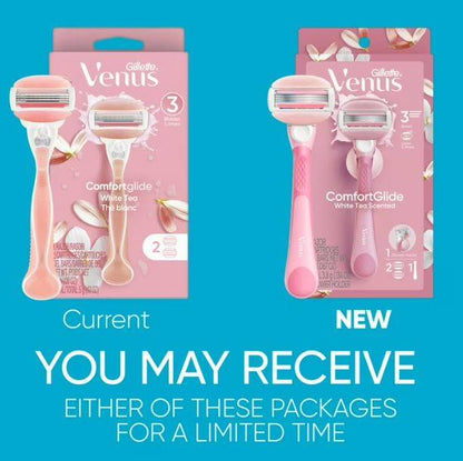Venus Comfortglide Women's Razor White Tea Scented with Reusable Razor Handle, 2 Razor Blade Refills and Shower Holder