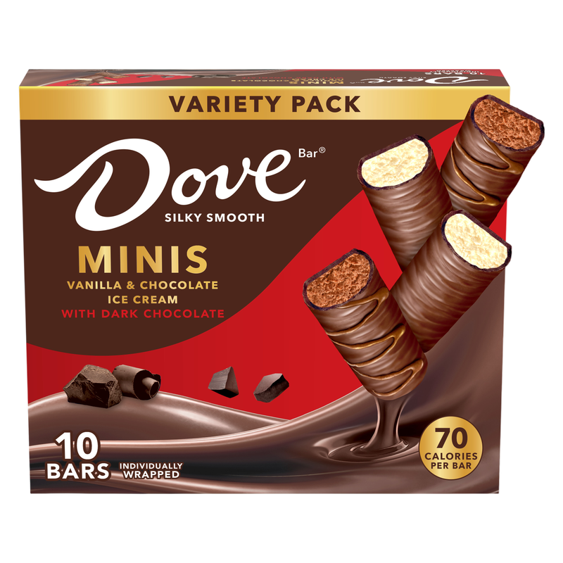 DOVE Ice Cream Vanilla & Chocolate Mini Dark Chocolate Individually Wrapped Ice Cream Bars Assortment, 10ct