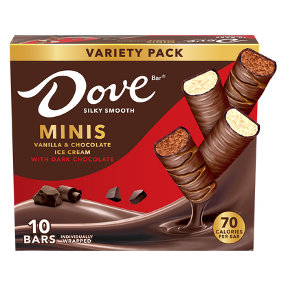 DOVE Ice Cream Vanilla & Chocolate Mini Dark Chocolate Individually Wrapped Ice Cream Bars Assortment, 10ct