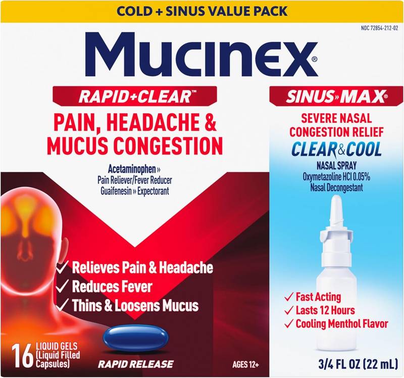 Mucinex Rapid Clear Day Liquid Gel 16 ct. + Clear & Cool Nasal Spray .75 oz.