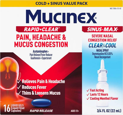 Mucinex Rapid Clear Day Liquid Gel 16 ct. + Clear & Cool Nasal Spray .75 oz.
