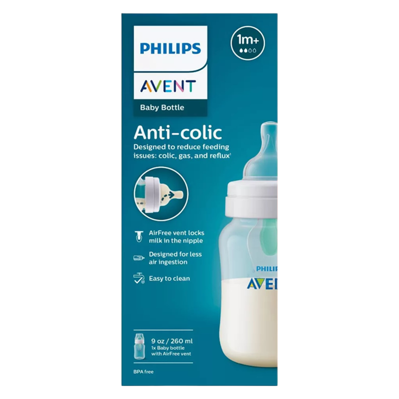 Philips Avent Anti-Colic Baby Bottle with AirFree Vent, Clear, 9oz. (1M+)