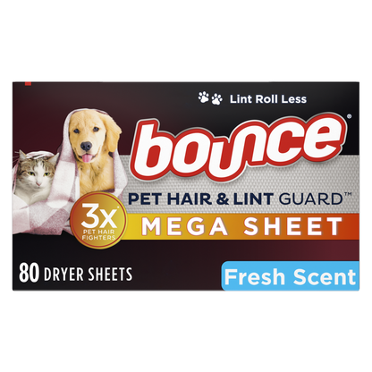 Bounce Pet Hair and Lint Guard Mega Dryer Sheets with 3X Pet Hair Fighters Fresh Scent 80ct