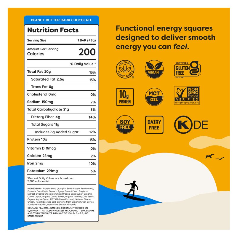 Quantum Energy Square Peanut Butter Dark Chocolate Bar 1.69oz