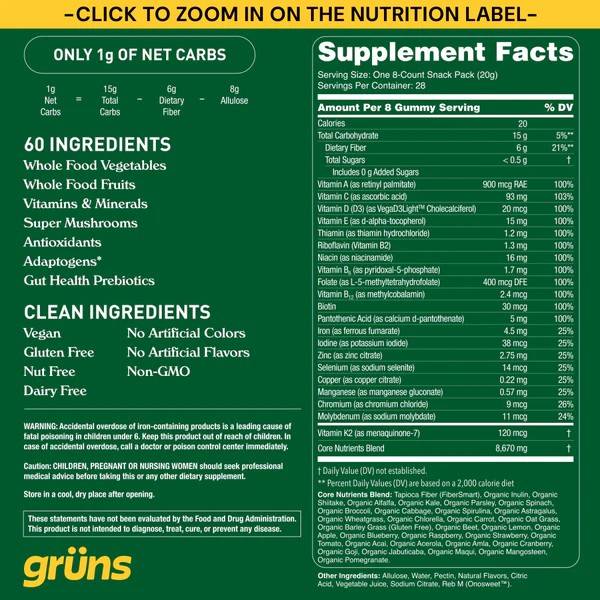 Gruns Adult Sugar Free Superfood Greens Gummies, 14 Servings