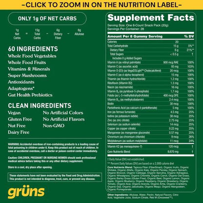 Gruns Adult Sugar Free Superfood Greens Gummies, 14 Servings