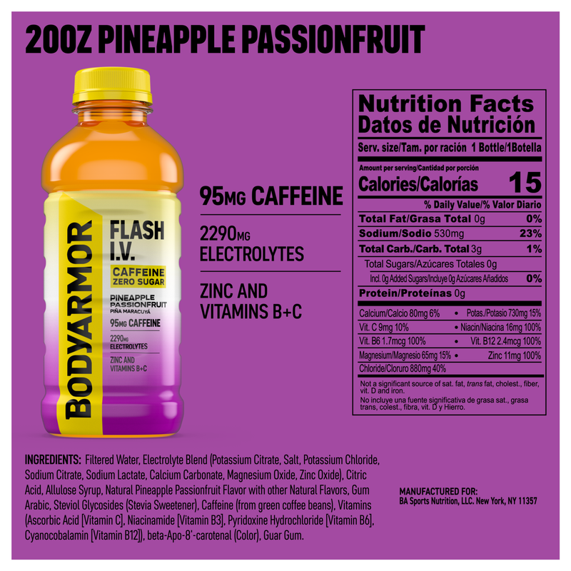 BODYARMOR FLASH I.V. Caffeine + Hydration Pineapple Passionfruit 20oz Btl