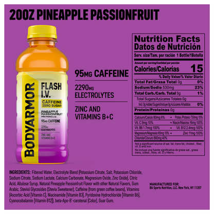 BODYARMOR FLASH I.V. Caffeine + Hydration Pineapple Passionfruit 20oz Btl