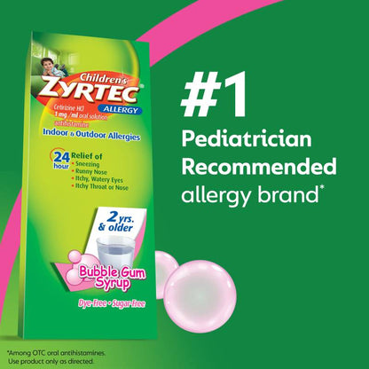 Children’s Zyrtec Allergy Syrup, Dye-Free, Sugar-Free Bubble Gum, 4 Fl. Oz