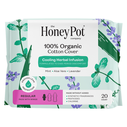The Honey Pot Company 100% Organic Cotton Cover Cooling Herbal Infusion Regular Pads, 20ct