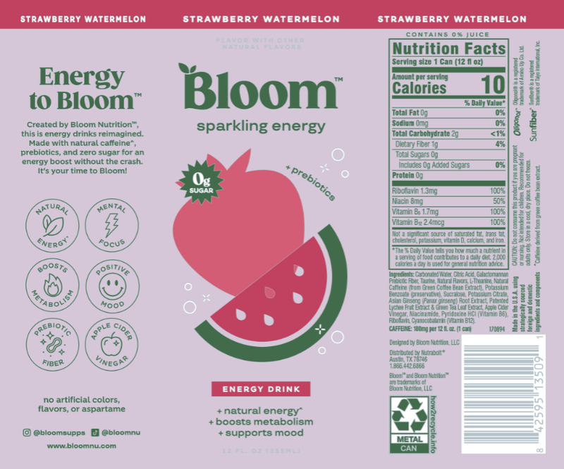 Bloom Energy Strawberry Watermelon 12oz Can
