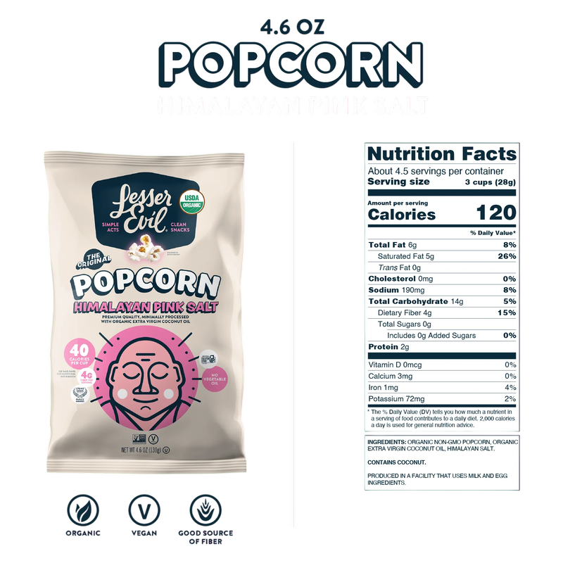 LesserEvil Organic Popcorn, Himalayan Pink Salt, 4.6oz