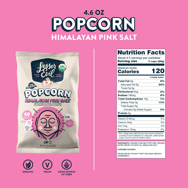 LesserEvil Organic Popcorn, Himalayan Pink Salt, 4.6oz