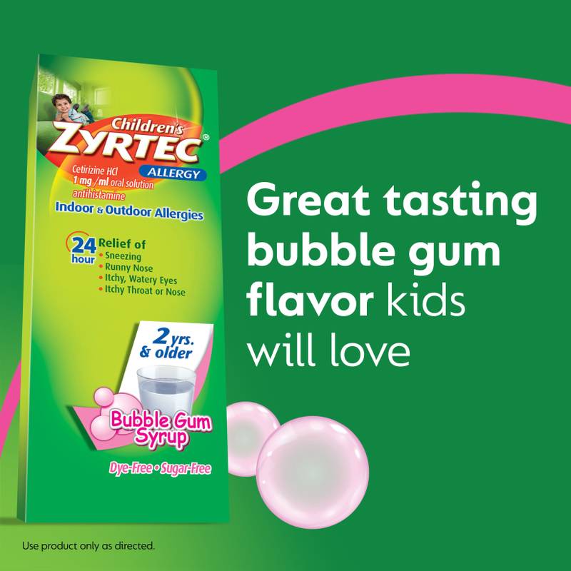 Children’s Zyrtec Allergy Syrup, Dye-Free, Sugar-Free Bubble Gum, 4 Fl. Oz