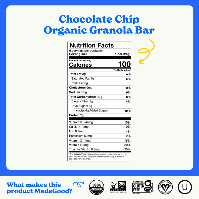 MadeGood Organic Chocolate Chip Granola Bars, 6 Count, 5.1 oz