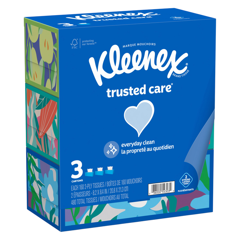 Kleenex Trusted Care Facial Tissues, 3 Flat Boxes, 160 Tissues per Box, 2-Ply (480 Total Tissues)