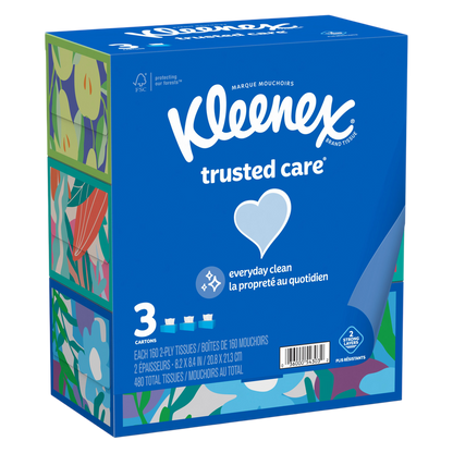 Kleenex Trusted Care Facial Tissues, 3 Flat Boxes, 160 Tissues per Box, 2-Ply (480 Total Tissues)