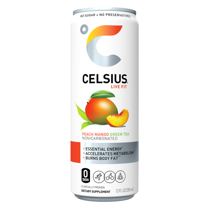 CELSIUS Peach Mango Green Tea Essential Energy Drink 12oz Can