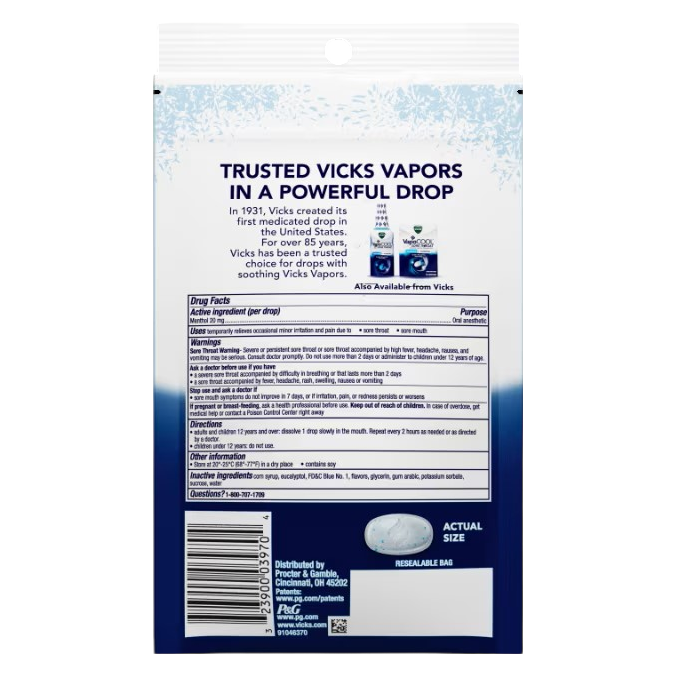 Vicks VapoCool Severe Max Strength, Medicated Sore Throat Drops, 18ct, Menthol