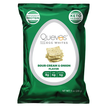 Quevos Sour Cream and Onion Egg White Chips 1oz Bag