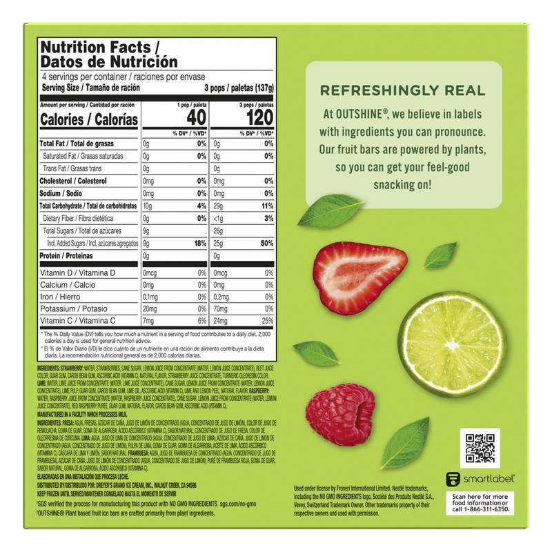 Outshine Strawberry, Lime, and Raspberry Frozen Fruit Pops, Variety Pack, 12ct