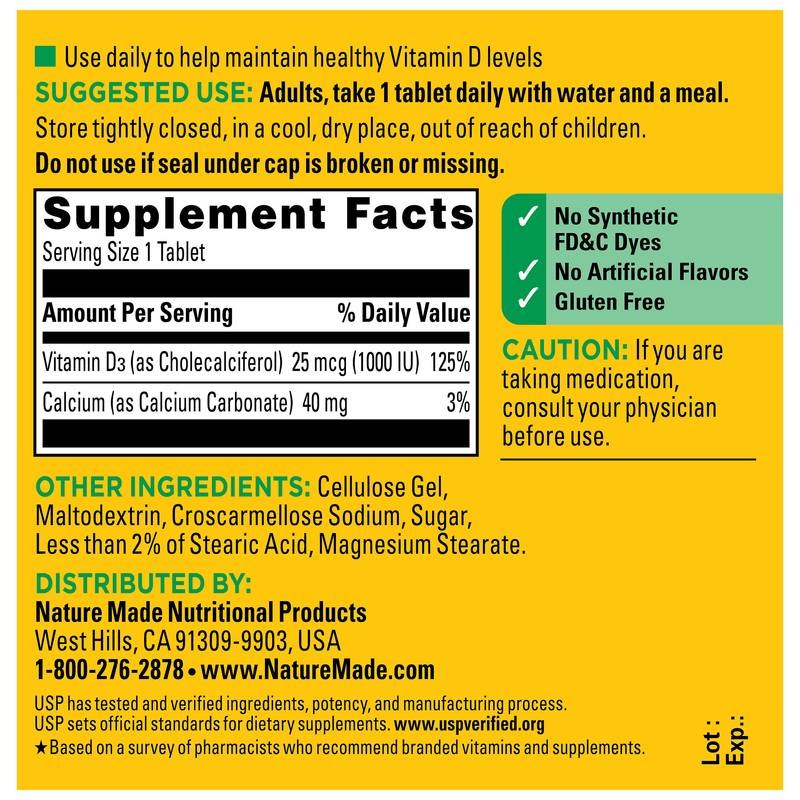 Nature Made Vitamin D3 1000 IU (25 mcg) Tablets, 100ct